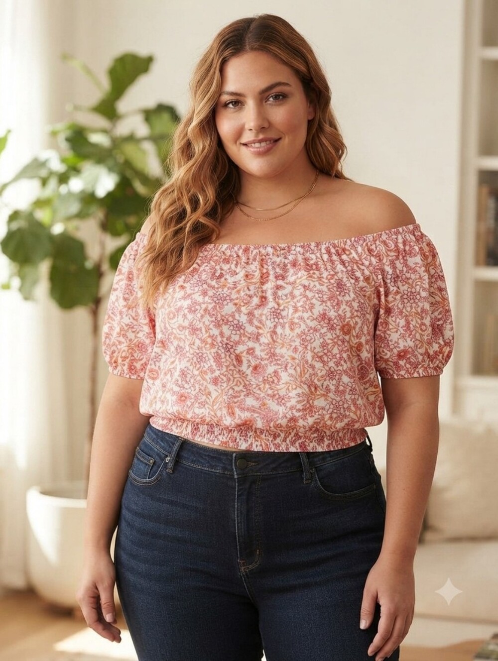 Old Navy XL Salmon/Burgundy/Gold Floral Off-Shoulder Crop Top